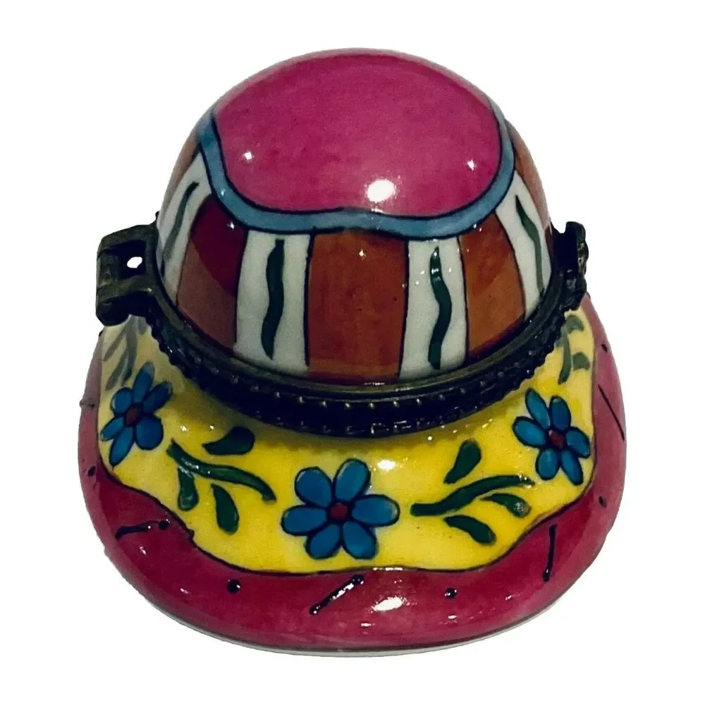 Hat Cap Bonnet Trinket Pill Box Pink Yellow Floral Colorful Ceramic Hinged